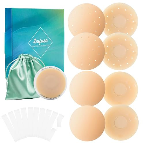 Dufuso Cache-tétons - 8 Pièces, Réutilisable Auto-adhésif en Silicone Ronde Nipple Cover, Couvre Seins Mamelons Invisibles étanches, Ultra Doux Cache Tetons Femme