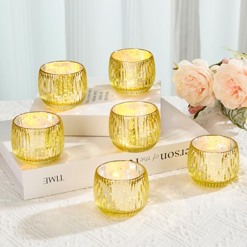 IMAGE Elegant Glas Teelichthalter Set von 6, Teelichtgläser für Hochzeiten, Diwali, Haus Dekoration, und besondere Anlässe, Gold 2.1in*2.7in