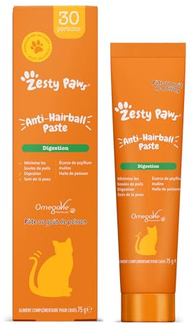 Zesty Paws Anti-Hairball Paste for Cats | Minimises Hairballs, Aids Digestion, Supports Skin & Coat Health | Contains Fish Oil, OmegaVie, Psyllium Husk, Inulin, Malt Extract | Real Fish Flavour | 75g