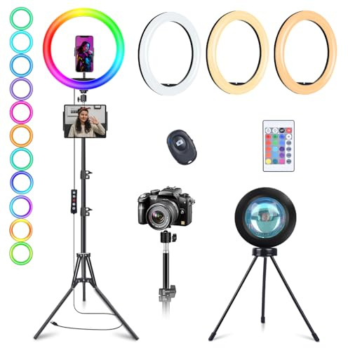 13 Selfie Ring Light with Stand 76 Tall & Phone Holders,Sunset Lamp, Tablet Holder,Desk Tripod& 51 Color Modes, Ring Light Tripod for iPhone,Video Recording,Live Streaming(TikTok/YouTube/Instagram)