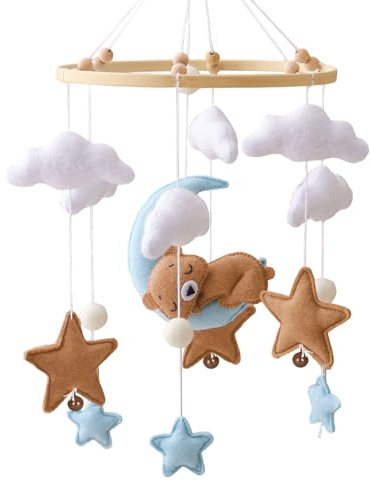 Lit de Bébé Mobile, Carillon Éolien 3D, Motif d'Ours, Lune, Nuages, Étoiles, Cloche de Lit Suspendue, pour Chambre d'Enfant, en Feutre de Bambou, Cadeau de Nouveau-Né, pour Garçon et Fille (Bleu)