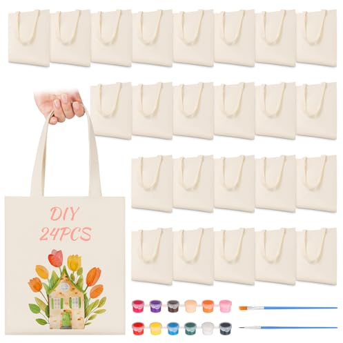 Petallush 24 Pack Canvas Tote Bags Bulk, Reusable Blank Tote Bags with Handles & Acrylic Paint Set, Small Cotton Tote Bag for Sublimation DIY Crafts, 8 x 8.5