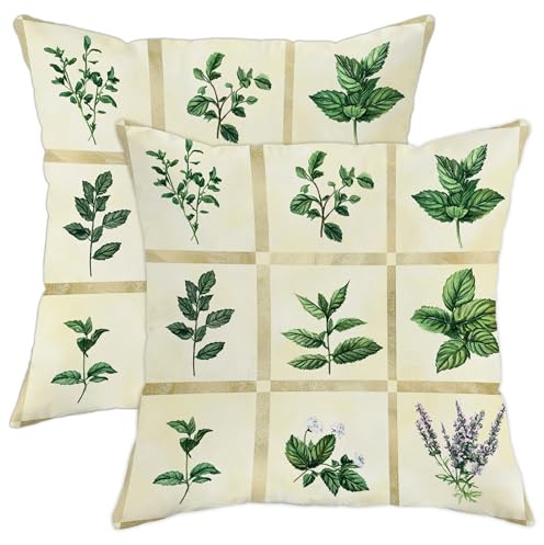 Herbal Botanical Pillow Covers Set of 2, Leaf Nature Print Decorative Cushions, Spring Farmhouse Style for Home Sofa Couch Bed Decor 20x20 Inch