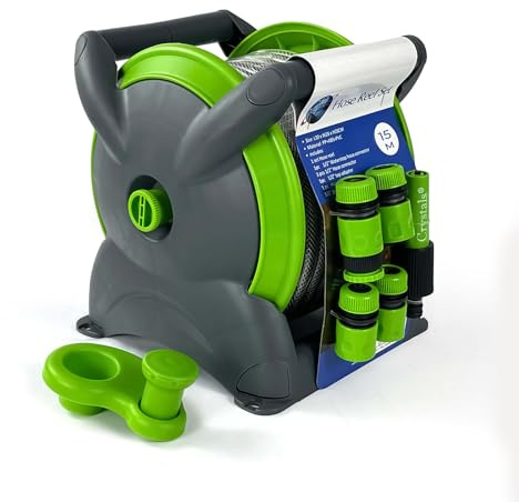 Crystals Wall Mounted Hose Reel – Garden Hosepipe Reel with 15m/20m Capacity, Portable Empty Hose Pipe Holder, Includes Nozzle, Fittings & Accessories for Outdoor Watering, Lawn & Car (15Meter)