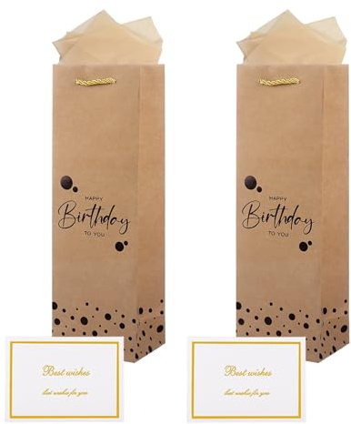 2Pcs Birthday Wine Gift Bags with Tissue Paper & Gift Cards, 36× 12× 9 cm Happy Birthday Design Kraft Bottle Bag