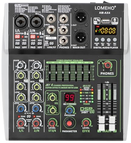 Mezclador de audio, Consola de mezclas de 4/6 canales con entrada de 48 V, 99 efectos DSP, mezclador de DJ con Bluetooth, USB, PC, reproducción, grabación, podcast, mesa de sonido AM-AX4(6 Channel)