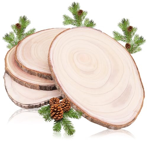 MICHIHOMIE Holzscheiben 4 Stück, 23-26 cm Durchmesser und 15-20 mm Dicke Baumscheiben Unbehandelte, Baumstamm Scheiben für DIY Basteln, Hochzeit und Weihnachten Deko