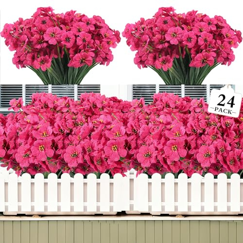 Kradeler 24 Bundles Artificial Flowers for Outdoor,No Fade Fake Plastic Silk Flowers Faux UV Resistant Plants for Home Wedding Kitchen Garden Table Decor (Rose)