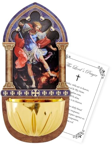 Saint Michael Holy Water Font - Wooden St Michael The Archangel Font, The Lord's Prayer Card - Small St Michael Water Font for Home, Wall Altar - 2 Items