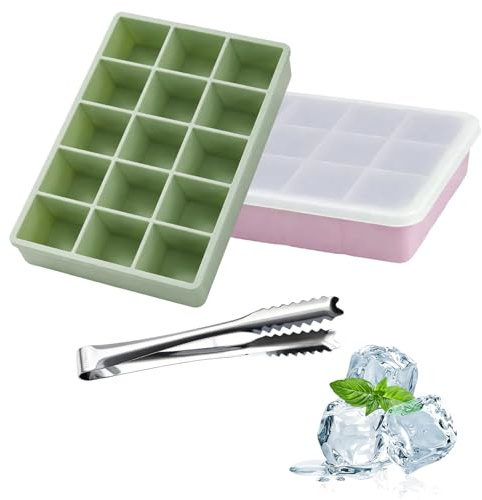 QyueQyat Silicone Ice Cube Tray with Lid, 2-Piece 15-Cavity Moulds Set with Tongs, Reusable Freezer Trays for Cocktails and Beverages, Dimensions, 17.3 X 12 3 Cm