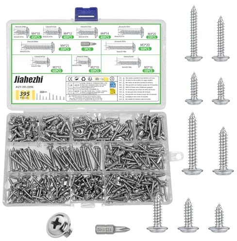 Jiahezhi 395Pcs Self Tapping Screws Set M3 M4 Silver Wood Screws Assortment | 9 Size, Cross Pan Self Drilling Screws, With Phillips Drive Bit and Storage Box, Cement Board Screws for Home Improvement
