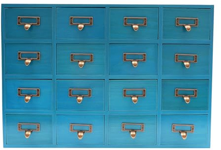16 Drawers Apothecary Cabinet & Labels, Vintage Wooden Storage Box with Metal Handles & Label Slots, Large Capacity Rustic Desk Organizer for Herbs, Tea, Jewelry & Office Supplies (Blue)