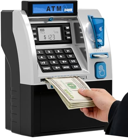 ATM Elektronische Spardose für Kinder, intelligenter Safe für Bankkarten, Spardose für Kinder, Geschenk mit automatischer Aufbewahrung von Banknoten (schwarz)