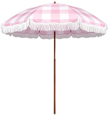 STARHMLUX Parasol de Plage à Carreaux avec Franges Parasol de Jardin Vintage Inclinable à 45 Degrés UPF 50 Plus Grand Extérieur Portable Terrasse Pique-Nique