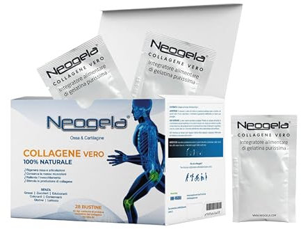 Neogela - 98% di collagene purissimo (Formato da 140gr, Prodotto Naturale) - Scatola da 28 Buste da 5gr - Benessere Osseo e Articolare