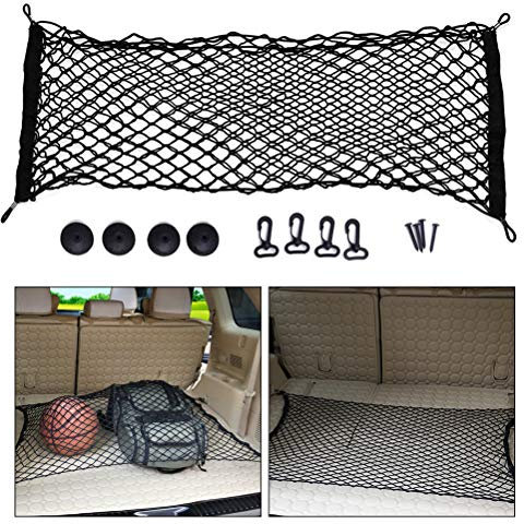 BUYGOO Kofferraum Netz Auto Gepäcknetz Elastisch Nylon Kofferraum Netz kofferraumnetz Auto Kofferraum Kofferraumnetz Netztasche Schutznetz mit 4 Haken 90-130 x 40cm Netz Organizer für Auto Van SUV