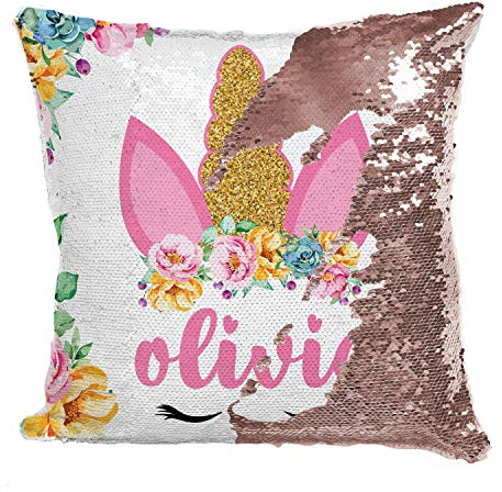 Unicorn Gifts Personalized Mermaid Sequin Throw Pillowcases | 9 Designs | Custom Magic Reversible Pillows w Your Name | Rose Gold Decorative Cushion, Pillow Cover Gifts for Girls - Christmas Decor