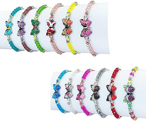 Elesa Miracle 12pc Women Girl Butterfly Woven Friendship Crystal Bead Bracelet Value Set Kids Party Favor Adjustable Bracelet