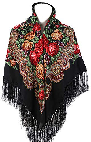 Gudessly Traditioneller Schal für Damen, mit Quaste, Fransen, Halstuch, Kopfschal, Retro-Schal, Blumenmuster, Poncho-Druck, Schwarz, Einheitsgröße