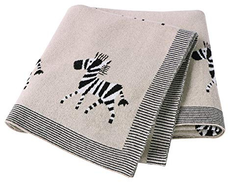 DovFanny Baby Blanket 100% Cotton Knitted Soft Blanket for NewBron with Lovely Zebra, 100 x 80cm Brown