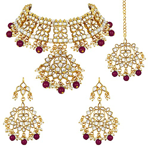 Aheli Parure de bijoux indienne traditionnelle Maang Tikka avec collier et boucles d'oreilles Kundan pour mariage ethnique Bharatanatyam Cadeau pour femme