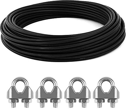 15 m Fune metallica da 3 mm in acciaio inox nero PVC rivestito impermeabile corda con 4 morsetti in acciaio inox per cornici, tende, ringhiere, mobili da giardino da terrazzo