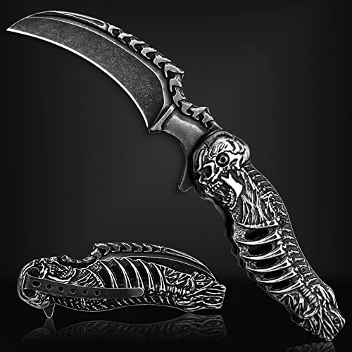 VALHALLA REAPER Skull Pocket Knife, Pocket Folding Knife With 3D Hollowed-out Skull, EDC Pocket Knife For Men Outdoor Camping Hiking Hunting