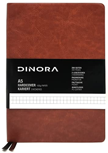 Dinora® Notizbuch A5 Softcover - Kariert - PU Leder - 200 nummerierte Seiten - 100g Avery Papier - Kastanienbraun