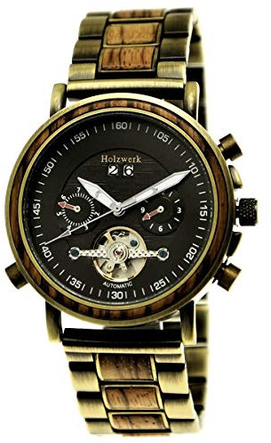 Holzwerk Germany Handgefertigte Automatik Herren-Uhr Öko Natur Holz-Uhr Holz Armband-Uhr Gold Braun Schwarz Weiß Analog Datum Anzeige