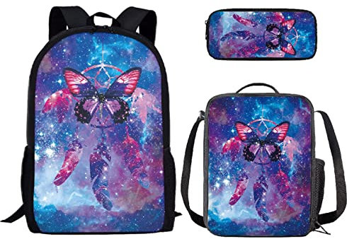 Binienty Rucksack für Kinder Jungen Mädchen Schule Büchertasche mit Lunchbox und Federmäppchen Büchertasche Set für Grundschule, Traumfänger Schmetterling, Einheitsgröße
