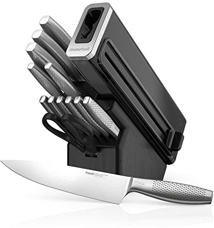 K62014 Foodi NeverDull Premium 14-Piece German Stainless Steel Knife System with Built-in Sharpener, Stainless Steel/Black
