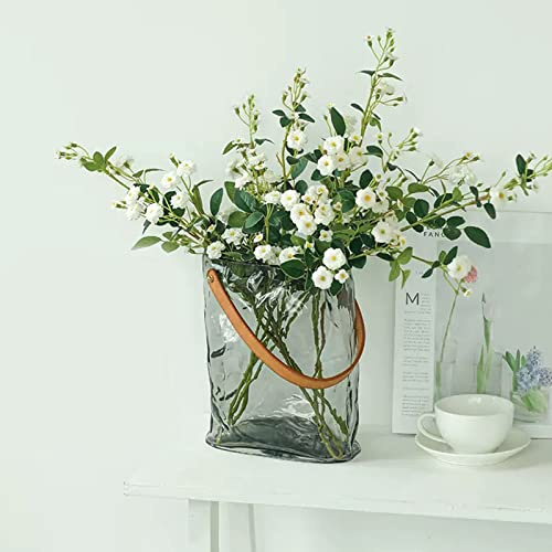 ZHDOKA Vase en Verre soufflé à la Main, Vase Transparent en Forme de Sac à Main, Vase à Fleurs d'art Moderne Unique avec poignée en Cuir, Vase fourre-Tout en Verre pour décoration de Table de Salon