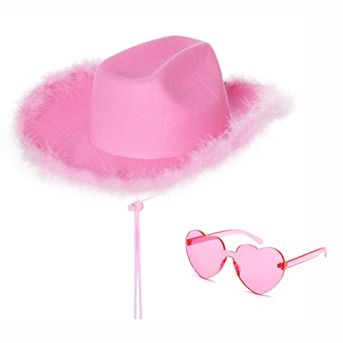 jerbro 2er Cowboy Hut und Partybrille Herzbrille Cowgirl Hut Kostüm Accessoires für Erwachsene Rodeo Wilder Westen Kostü Karneval Mottoparty Halloween Party (Rosa)