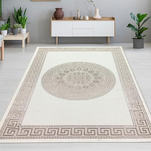 CARPETIA Teppich Wohnzimmer Schlafzimmer riesig glänzend Ornamente groß XXL modern edel Kurzflor Teppich Wohnzimmerteppichcreme beige 240 x 340 cm