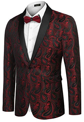 COOFANDY - Giacca da uomo, stile casual, con motivo Paisley, in jacquard, stampa floreale, chiusura ad un bottone, elegante e chic, da smoking, ideale per la cena, Un vino., L