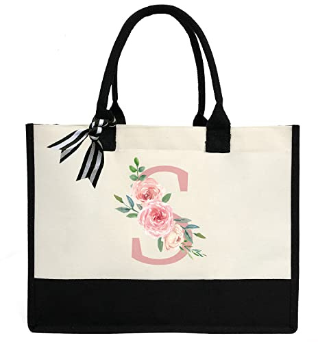 Personalisierte Initial Leinwand Strandtasche, Leinwand Tragetasche mit Innentasche mit Reißverschluss, doppelte Schultergurte monogrammierte Jute-Tasche für tägliche Arbeit und Reisen, Einheitsgröße