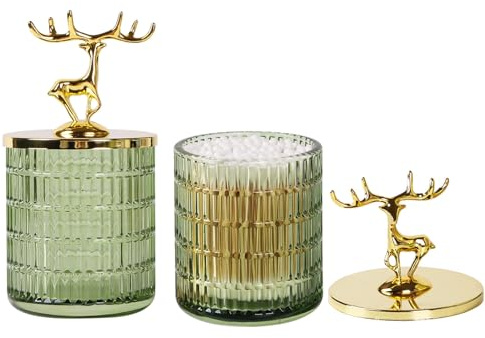 Tonxus Glass Apothecary Jars with Lid, Green Qtip Holder for Bathroom Decor, Bathroom Canisters Storage Organizer for Cotton Swabs, Balls, Pads, Floss Picks, Candy, Jewelry