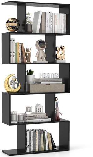 CASART 5/6 Tier Wooden Bookcase, Free Standing Shelving Stand Rack, S-Shaped Bookshelf Storage Display Unit (Black,70 x 24 x 158cm)