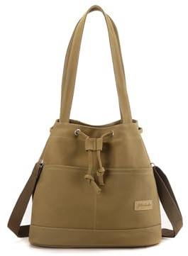 CORIOS Bolso de Lona con Cordón para Mujer - Bandolera Cruzada de Gran Capacidad - Shopper Moda Tote Café