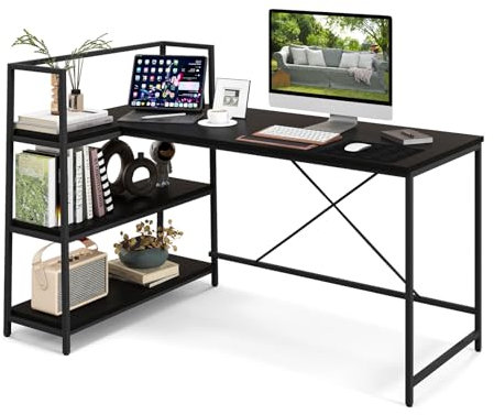 LIFEZEAL L-förmiger Eckschreibtisch, Computertisch mit reversiblen Ablagefächern, Schreibtisch Bürotisch 148cm mit Metallgestell, Lagerregalen Eck Tisch für Arbeitszimmer Wohnzimmer Büro (Schwarz)