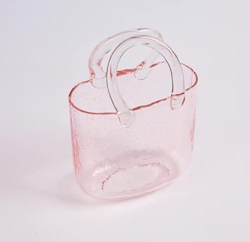Taschenvase aus Glas, Glas Vase, Dekorative Vase ,Einzigartige Transparente Geldbörsenvase mit Fischschale, Transparenter Handkorb, Wohnzimmer, Blumenarrangement, Kreative Tasche, Aquarium (rosa1)
