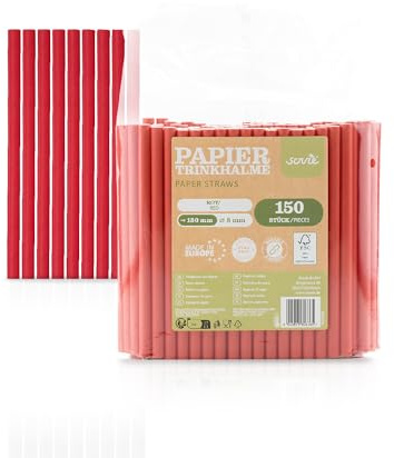 Mank Umweltfreundliche Papiertrinkhalme, Pappstrohhalme für Partys & Hochzeiten, in recycelbarem Folienbeutel, Strohhalme, (150, Rot, Ø 8 mm / 15 cm)