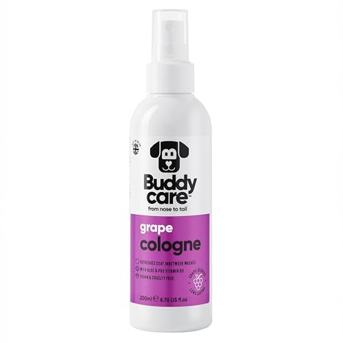 Buddycare | Köln för hundar - mjuk puderdoft för hundar - fräschar upp mellan hundtvättar, druvor, 200 ml (1 pack)