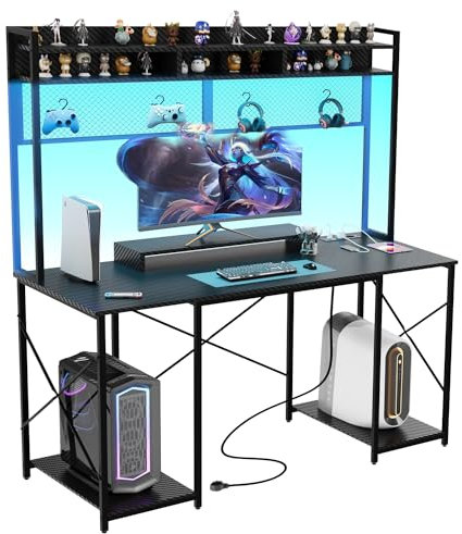 Devoko Gaming Tisch mit LED & Steckdosen,120x60 cm DIY-Stecktafel Schreibtisch mit Ablageregalen, Computertisch mit Regal & Monitorständer, Schwarz