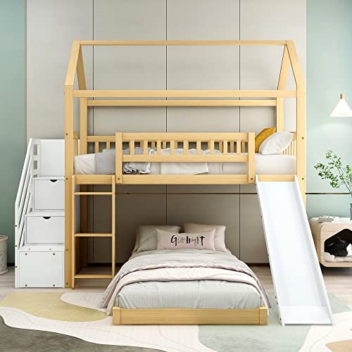 Ctastay Kinderbett Etagenbett 90x200 cm mit Rausfallschutz, Bett Holzbett Hausbett mit Rutsche & Stauraum Schrank, Familienbett Gastbett mit Treppe & Lattenrost, Natur+Weiß (Ohne Matratze)