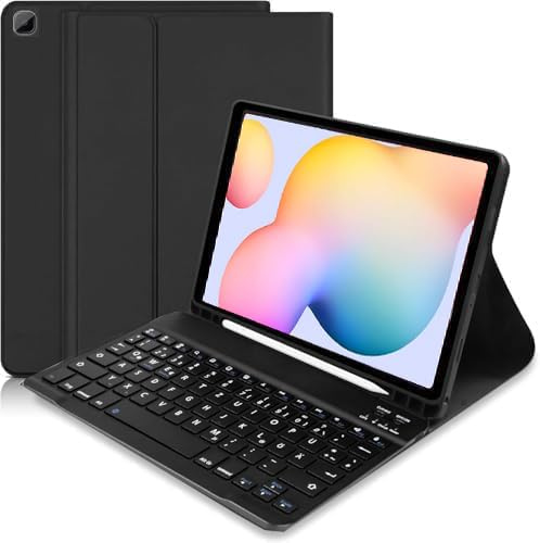 KTOITION Hülle mit Tastatur für Samsung Tab S6 Lite 2024/2022/2020 | Schutzhülle mit Pencil Halter Wireless Tastatur (Deutsches) für Tab S6 Lite 10,4 (P610/P613/P615/P619/P620/P5625) (schwarz)