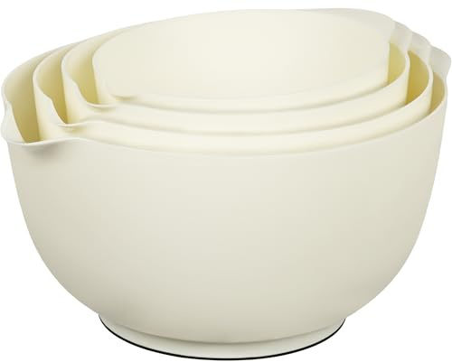 BoxedHome Lot de 4 bols mélangeurs gigognes en plastique beige avec bec verseur, passent au micro-ondes et au lave-vaisselle, base antidérapante sans BPA, parfaits pour la préparation, la pâtisserie,