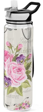 Mnsruu Transparente Sport-Wasserflasche mit Strohhalm, auslaufsichere Trinkflasche, rosa Rose, Vintage-Fahrradflaschen für Sport, Büro, Schule, BPA-freier Tritan-Kunststoff, 1 Liter