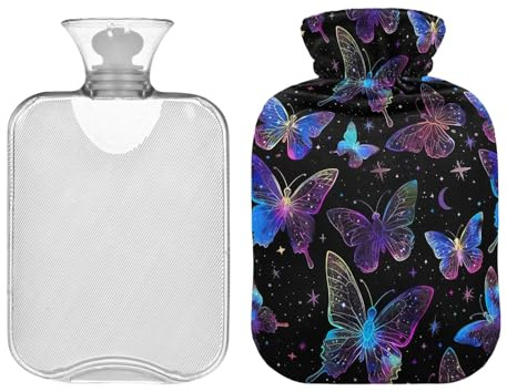 Große Wärmflasche mit süßem Bezug, Neon-Schmetterlinge, Winterwärmtasche für Bett, Handfußwärmer, Bauchkrämpfe, Nacken- und Schulterschmerzen, Schmerzlinderung, 1 l