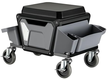 WilTec Tabouret de mécanicien 53 x 38 x 38 cm Noir Bleu Servante d’Atelier Mobile sur Roulette Plateau Outils Inclus Rangement Garage Jardinage Ergonomie Chariot de Visite